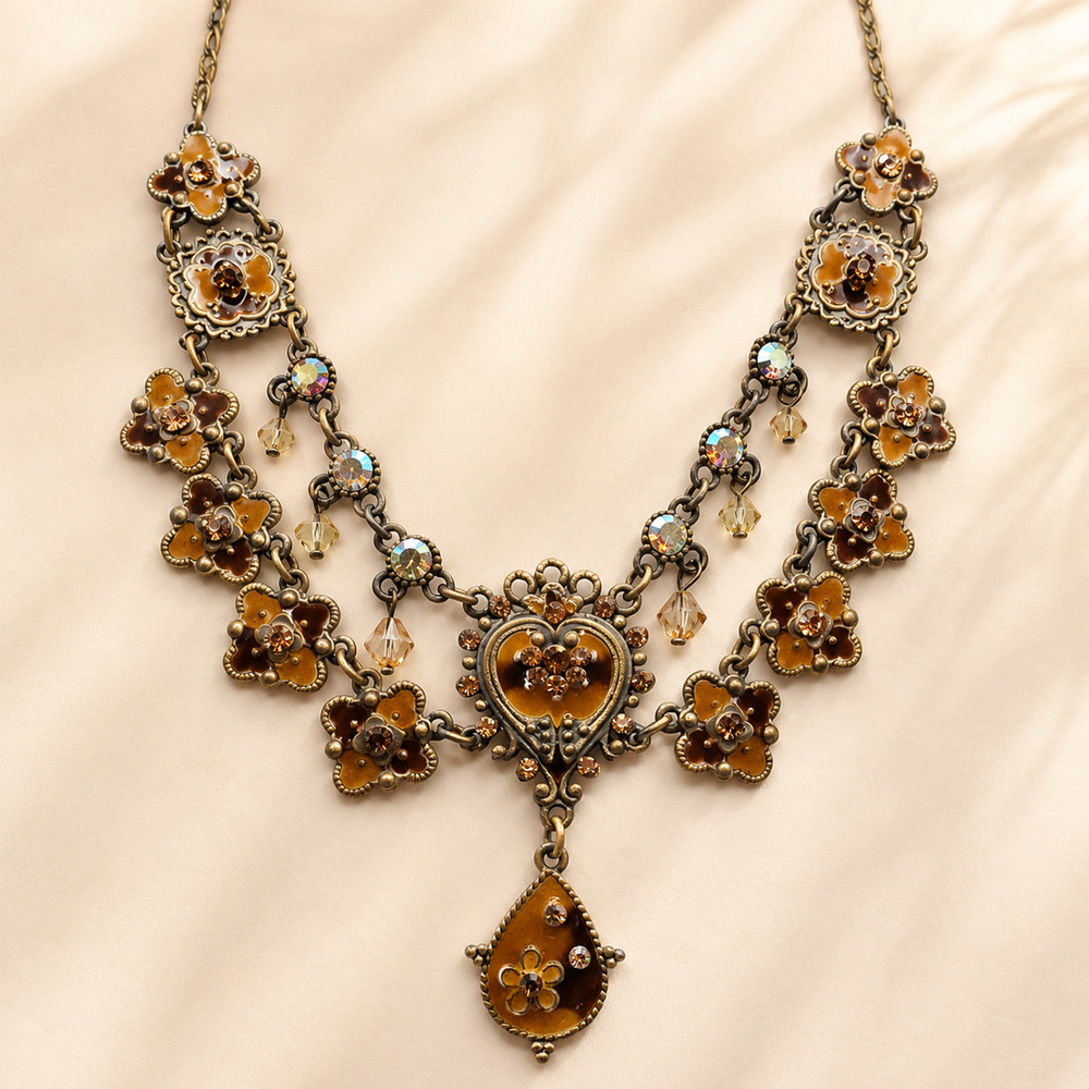 Vintage Enamel Crystal Heart Necklace Michal Negrin Style Victorian Revival
